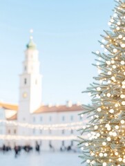Obraz premium Festive European Town Square with Christmas Tree and Holiday Lights