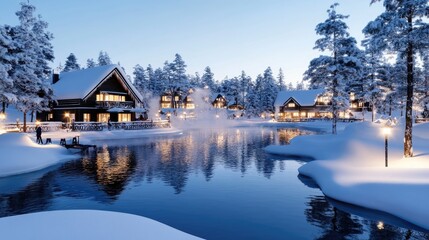 Fototapeta premium Winter landscape of hot spring reveals traditional houses, bridges, and tourists enjoying the peaceful, snow-covered environment