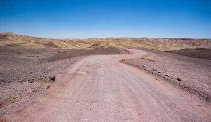 desert horizon panorama landscape dry waste land country side with curved dirt trail road path for rally cars