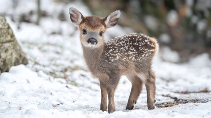 Fototapeta premium Adorable Spotted Fawn Standing in Winter Snow