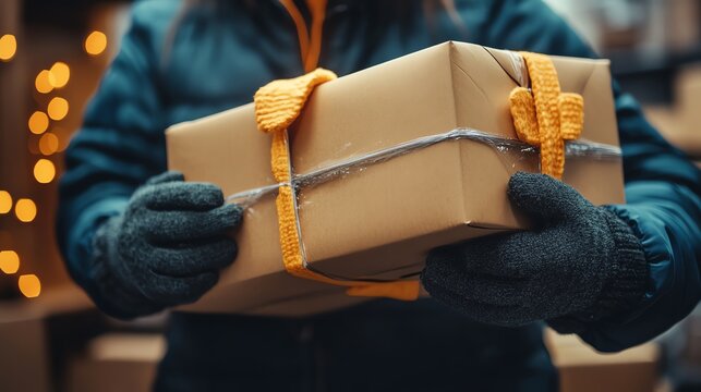 Workers sealing products for outbound delivery close up ready for shipment futuristic Overlay in an organized dispatch area