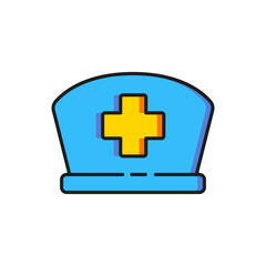 Fototapeta premium Color Nurse hat with cross icon isolated on white background. Medical nurse cap sign. Flat filled outline style with shadow. Vector