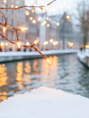 Fototapeta premium Festive Winter Canal Scene with Holiday Lights in European City