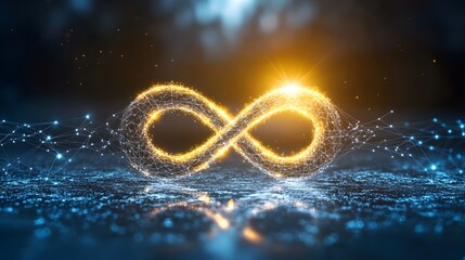 Glowing infinity symbol on dark background.
