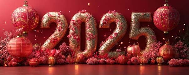 Golden 2025 with Lunar New Year decorations and festive elements