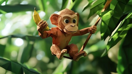 Fototapeta premium A playful low-poly monkey holds a banana while swinging on a branch amidst lush greenery.
