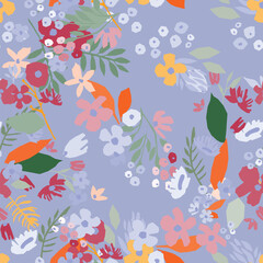 Naklejka premium A seamless floral pattern featuring colorful blooms and leaves on a light blue background, perfect for print, fabric, wrapping and paper