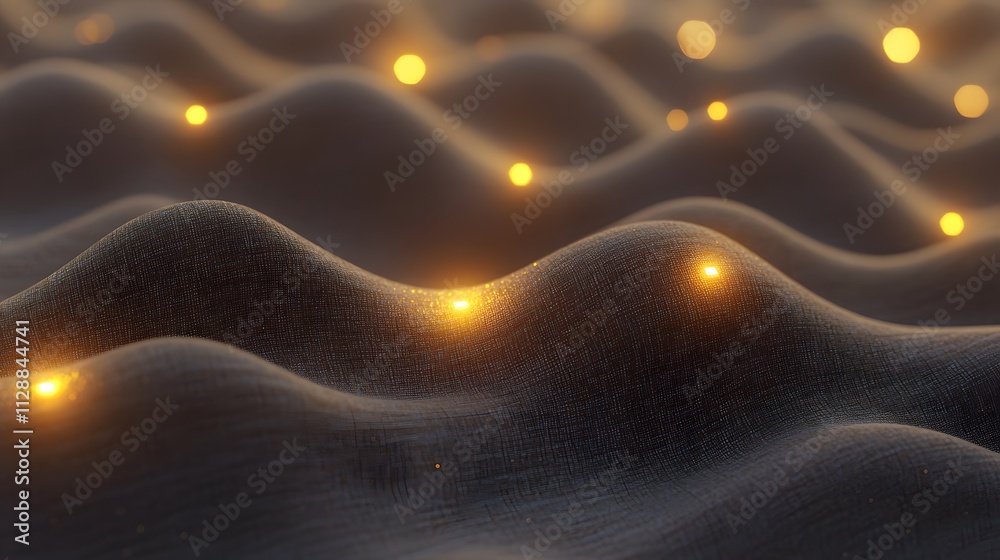 Wall mural glowing lights on undulating dark surface.
