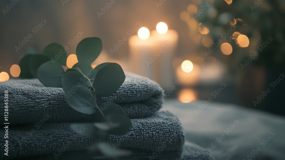 Poster Towels neatly stacked beside soft glowing candles create a tranquil atmosphere. Eucalyptus leaves add a refreshing touch, enhancing the immersive aromatherapy experience designed for relaxation.
