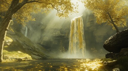Fototapeta premium Golden Waterfall Cascading in Autumn Serenity