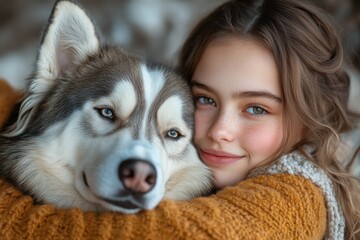Girl embraces her dog showing emotional connection in a warm setting
