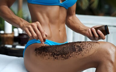 Close-up photo of a fit woman in a blue bikini applying coffee scrub at outdoors.