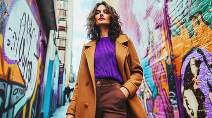 Naklejka premium Artistic woman explores vibrant art district wearing mocha mousse coat and purple sweater
