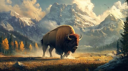 A majestic bison roams freely in the untamed wilderness, its powerful presence capturing the essence of nature's untamed spirit. 