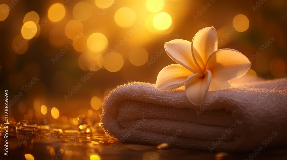 Aufkleber a soft towel is neatly placed with a blooming flower atop it, surrounded by warm and inviting golden