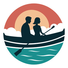 couple in a rowboat Silhouette with  Retro Vintage Background Vector Art Illustration T-shirt Design Art