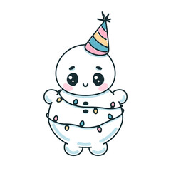 Cute snowman with party hat celebrates. Vector holiday illustration.