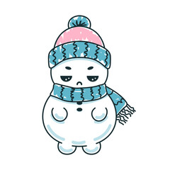 Sad little snowman with hat and scarf on white background. Hand drawn vector illustration.