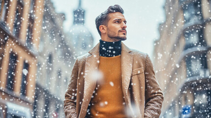 Obraz premium Man strolls through city streets in mocha mousse coat during gentle snowfall