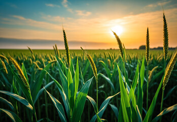 Fototapeta premium A mid-range shot of a field of millet swaying gently in the breeze. The millet is a uniform green, with the stalks bending gracefully in the wind. The sun casts long shadows across the field