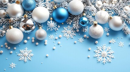 Elegant modern Christmas border with white snowflakes and Xmas decorations on a pastel blue background , isolated on white background,  , copy space, copy space for text,