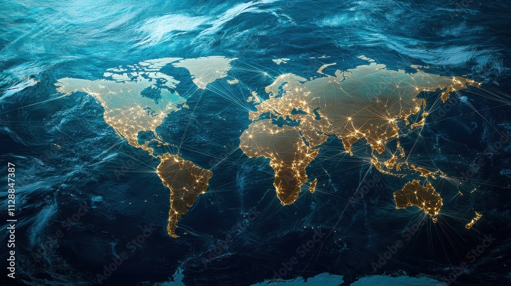 Poster illuminated world map over ocean waves with network connections at night