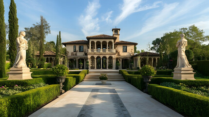 Obraz premium Florence Italian Renaissance garden with stone statues and terraced hedges, historic cultural haven