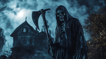 Fototapeta premium Scary horror grim reaper with scythe angle of death background