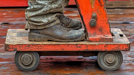 Worker using a pallet jack to move heavy materials close up on precision handling whimsical Fusion in an organized space
