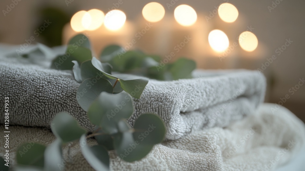 Poster soft, textured towels are neatly stacked alongside fresh eucalyptus leaves, creating a calming atmos