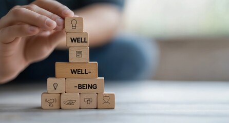 A person builds a wooden block tower labeled "Well-Being," emphasizing the importance of mental and physical health.