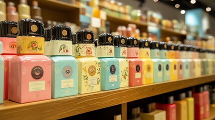 Products arranged neatly in branded packaging copy space professional presentation ethereal Overlay with brand logos