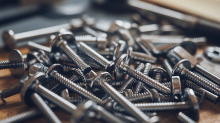 A beautifully detailed collection of various metal screws and bolts, showcasing their intricate designs and reflections in soft natural lighting.