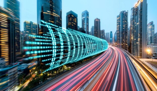 minimal photostock of a  Highway flyover with binary code numbers on motion blurred asphalt  road , speed and faster digital matrix technology information concept