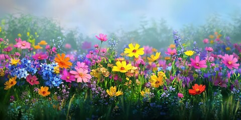 Fototapeta premium Vibrant Spring Meadow Colorful Cosmos Wildflowers