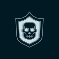 Line Shield with pirate skull icon isolated on black background. Flat filled outline style with shadow. Vector