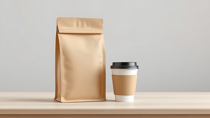 Brown paper coffee bag and disposable coffee cup on wooden table.