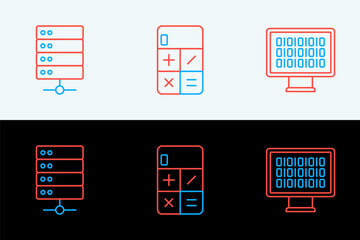 Set line Binary code, Server and Calculator icon. Vector