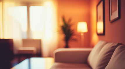 Elegant minimalist living room in soothing mocha mousse tones with a blurred background effect