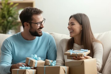 Couple joyfully shares excitement over surprise gift purchases at home