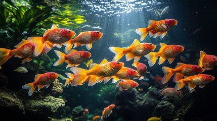 Underwater Scene with Colorful Goldfish Swimming Gracefully in a Lush Aquatic Environment Illuminated by Sunlight Creating a Serene Atmosphere