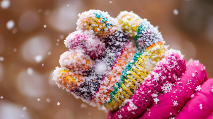A childs glove covered in tiny intricate snowflakes after playing in fresh snow.