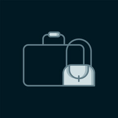 Line Suitcase for travel icon isolated on black background. Traveling baggage sign. Travel luggage icon. Flat filled outline style with shadow. Vector