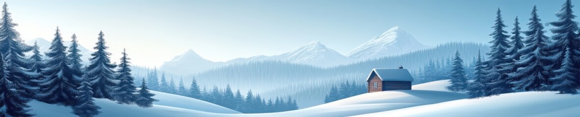 Fototapeta premium Winter Landscape with Cozy Cabin, Snowy Pine Forest under Clear Sky for Commercial Use