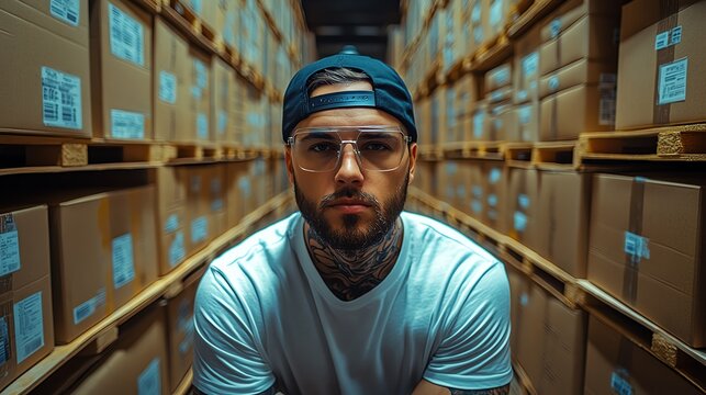 Employee monitoring inventory data through augmented reality glasses focus on technology integration futuristic Overlay with digital overlay