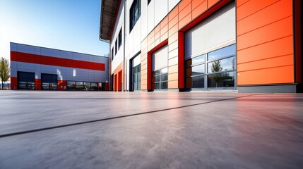 Obraz premium Modern Industrial Building Exterior with Bright Orange and Gray Facade Design