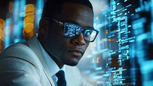 Analyst calculating cost variations copy space on flexible budget vibrant Double exposure in a datacentric office - Powered by Adobe