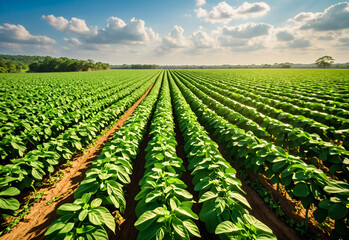 A mid-range shot of a field of peanut plants swaying gently in the breeze. The peanut plants are a uniform green, with the stalks bending gracefully in the wind. The sun casts long shadows the field