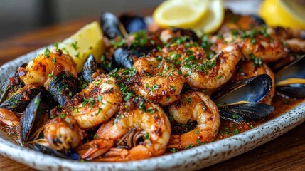 Grilled shrimp and mussels with lemon.