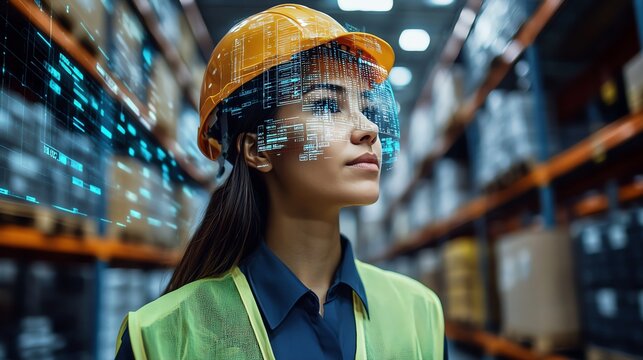 Employee scanning barcodes for stock updates focus on digital inventory tracking futuristic silhouette with digital data overlay